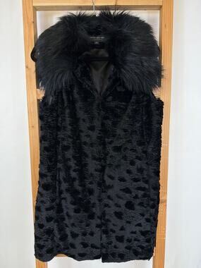 Marc New York Black Sleeveless Faux Fur Collar Long Vest Jacket Size Small